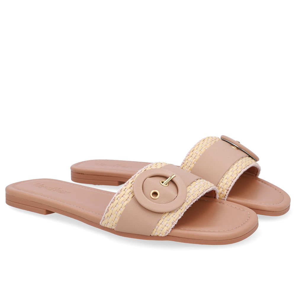 Rasteira Bico Quadrado Couro Bege Palha Bege 2