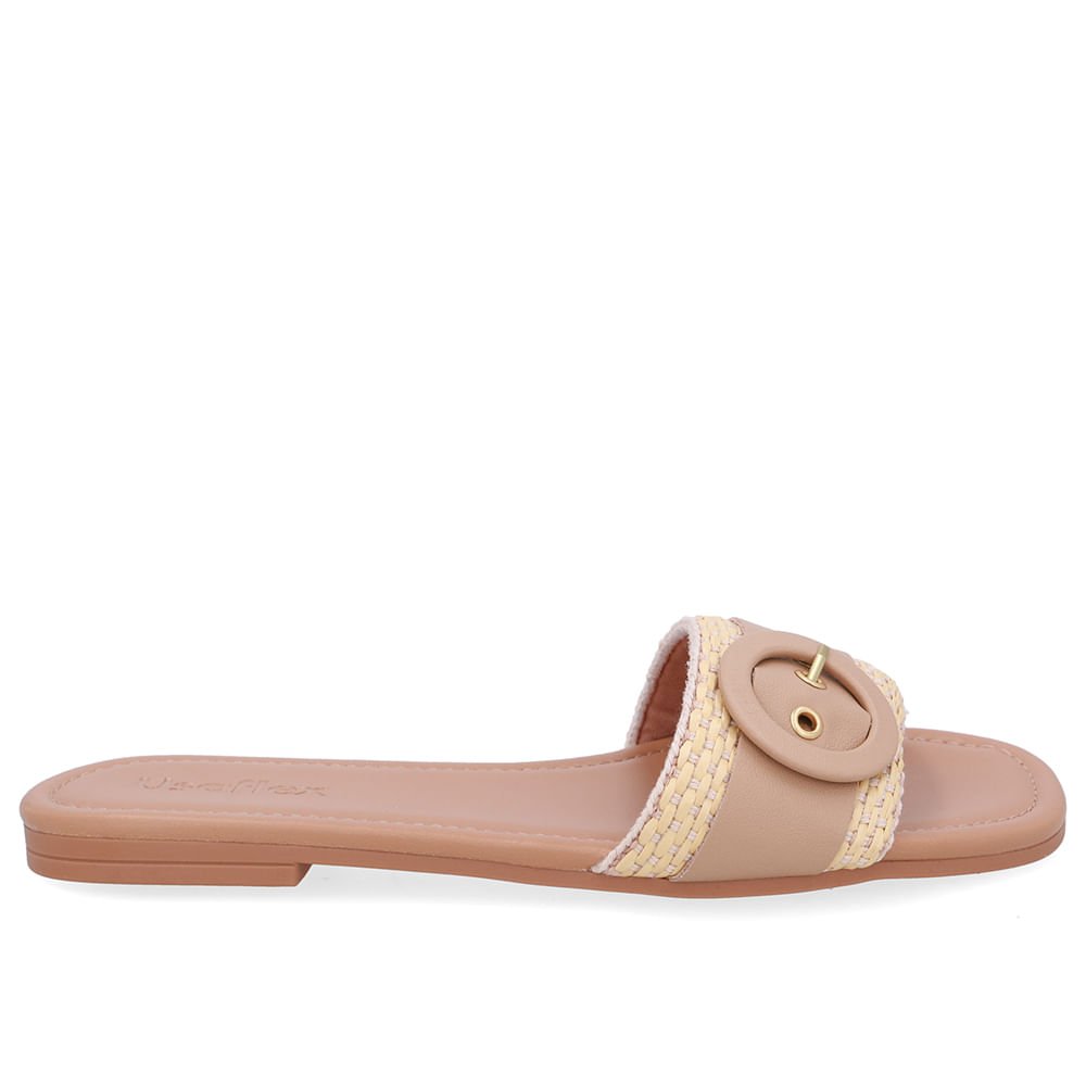 Rasteira Bico Quadrado Couro Bege Palha