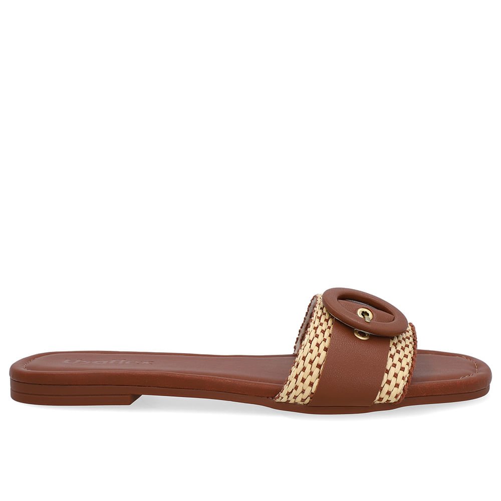 Rasteira Bico Quadrado Couro Marrom Palha