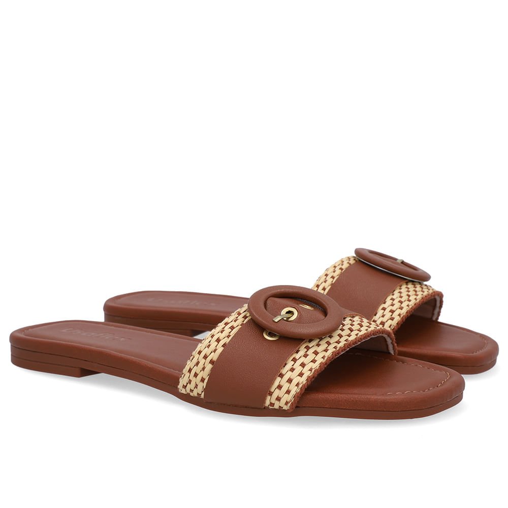 Rasteira Bico Quadrado Couro Marrom Palha Marrom 2