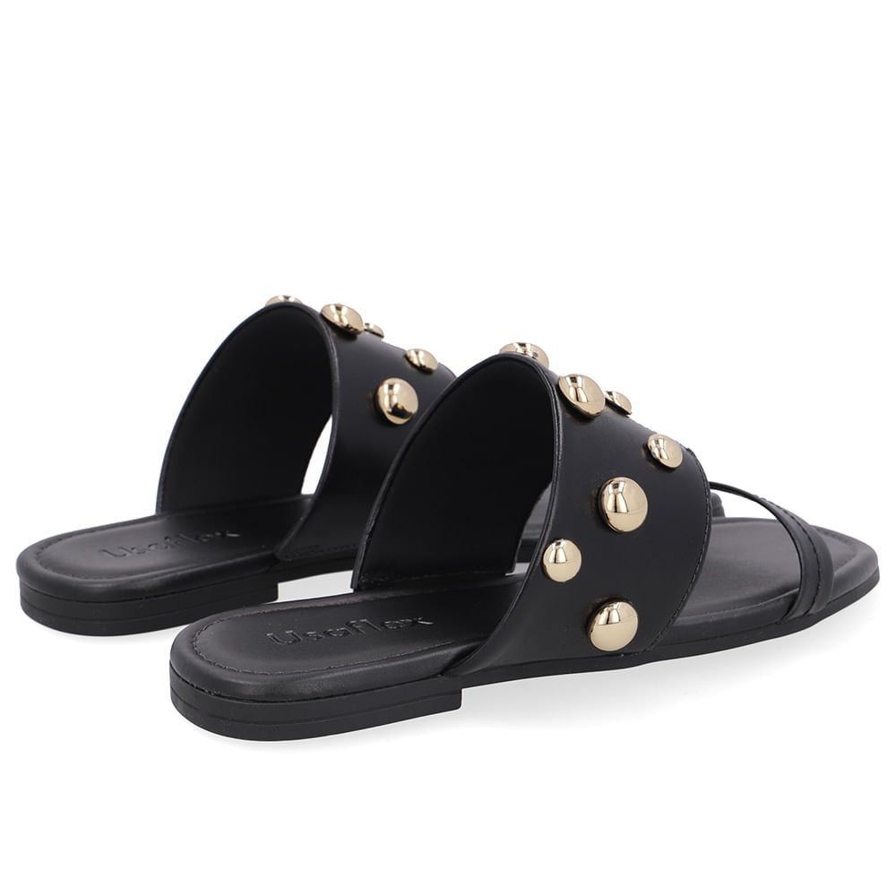 Rasteira Bico Quadrado Couro Preta Esferas Preto 3