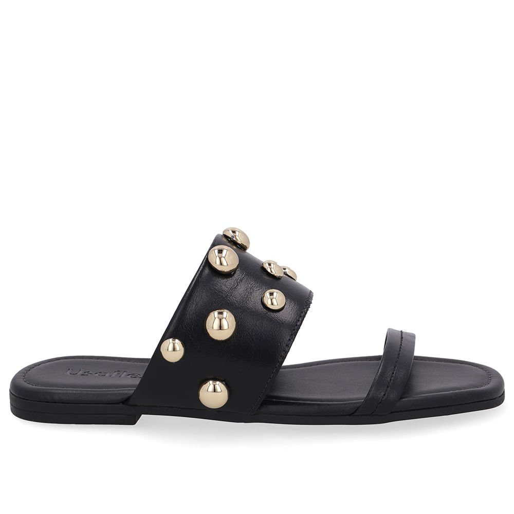 Rasteira Bico Quadrado Couro Preta Esferas