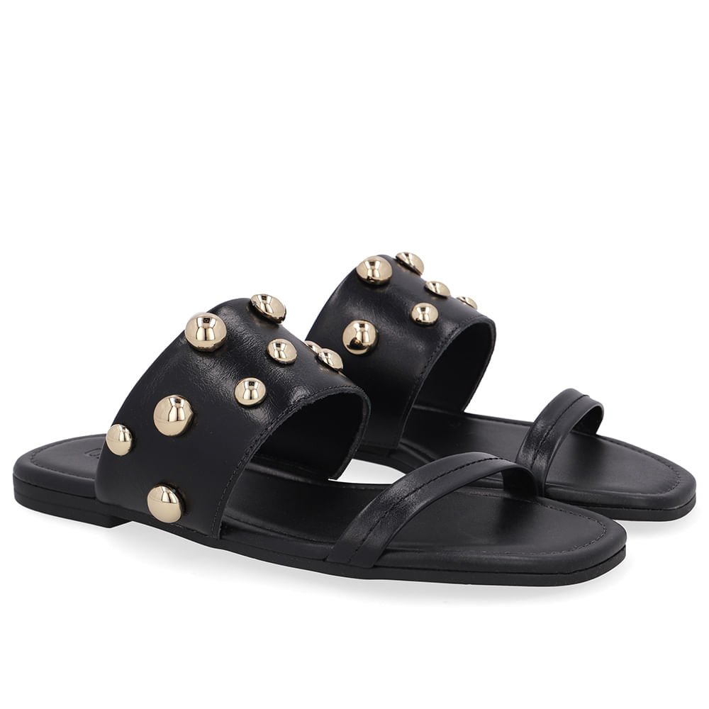 Rasteira Bico Quadrado Couro Preta Esferas Preto 2