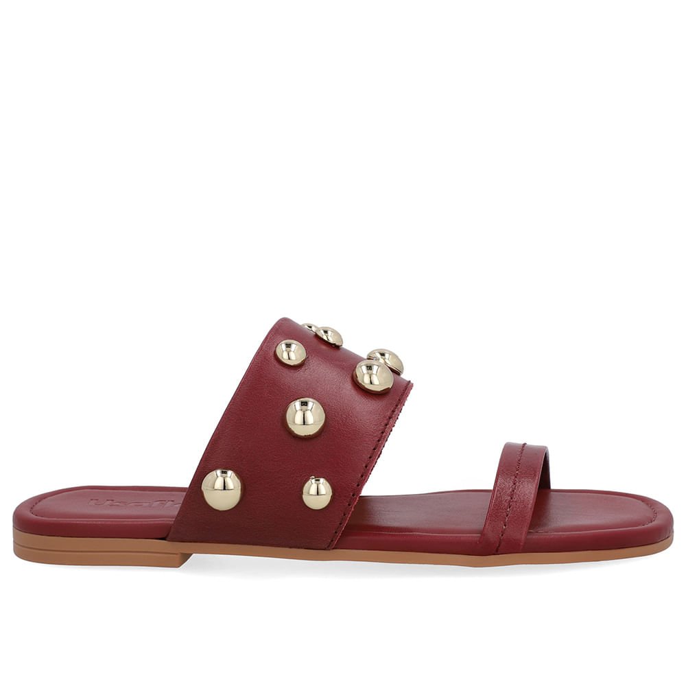 Rasteira Bico Quadrado Couro Vermelha Esferas