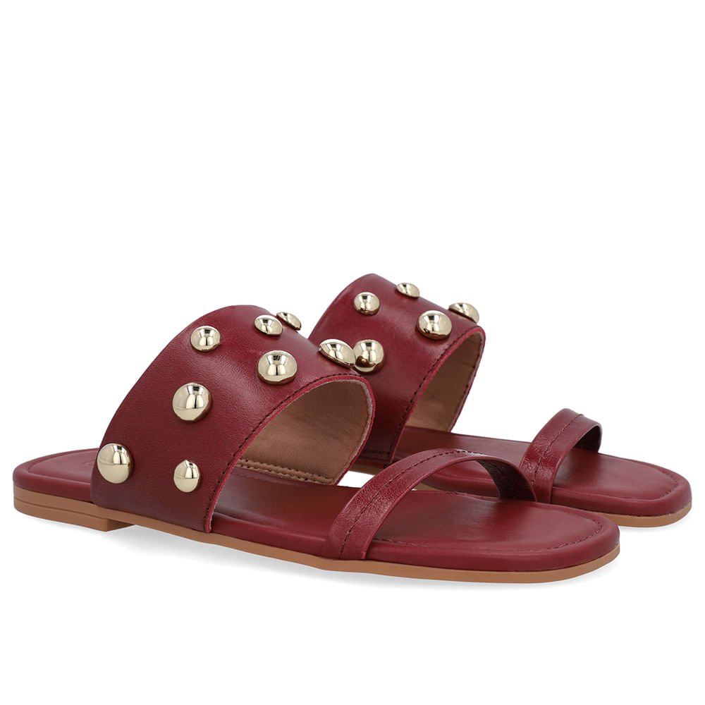 Rasteira Bico Quadrado Couro Vermelha Esferas Vermelho 2