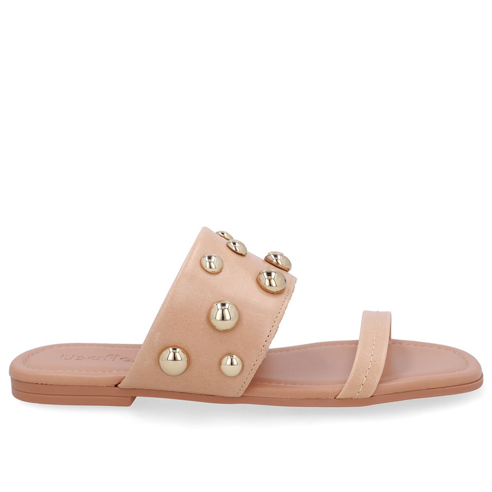 Rasteira Bico Quadrado Couro Bege Esferas