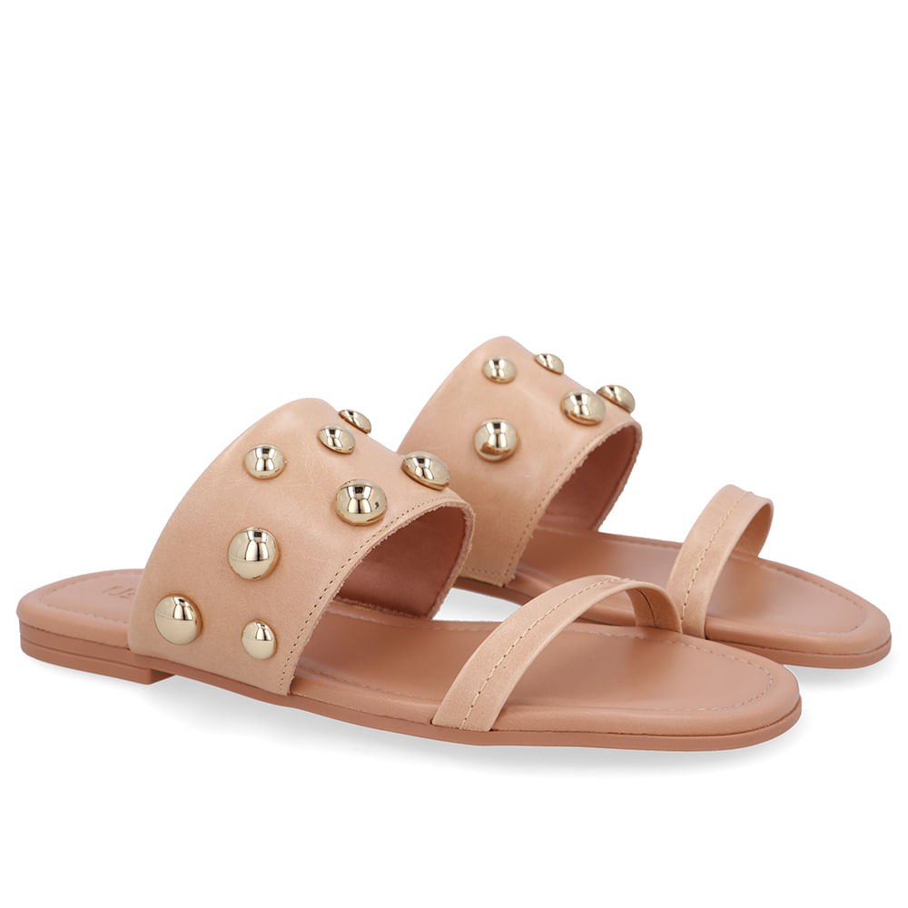 Rasteira Bico Quadrado Couro Bege Esferas Bege 2