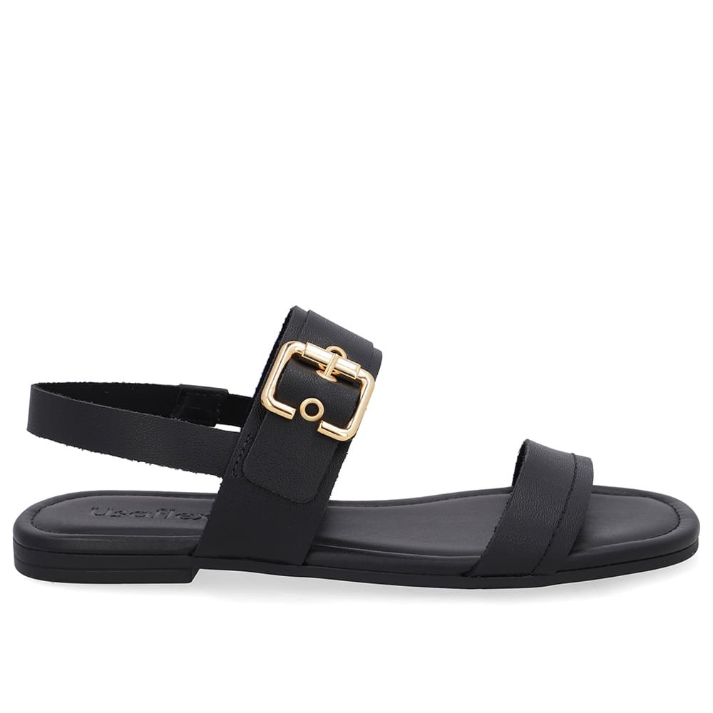 Sandália Couro Preta Enfeite Fivela