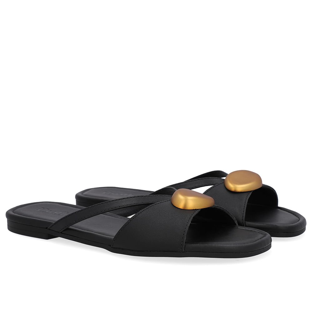 Rasteira Couro Preta Tiras Preto 2