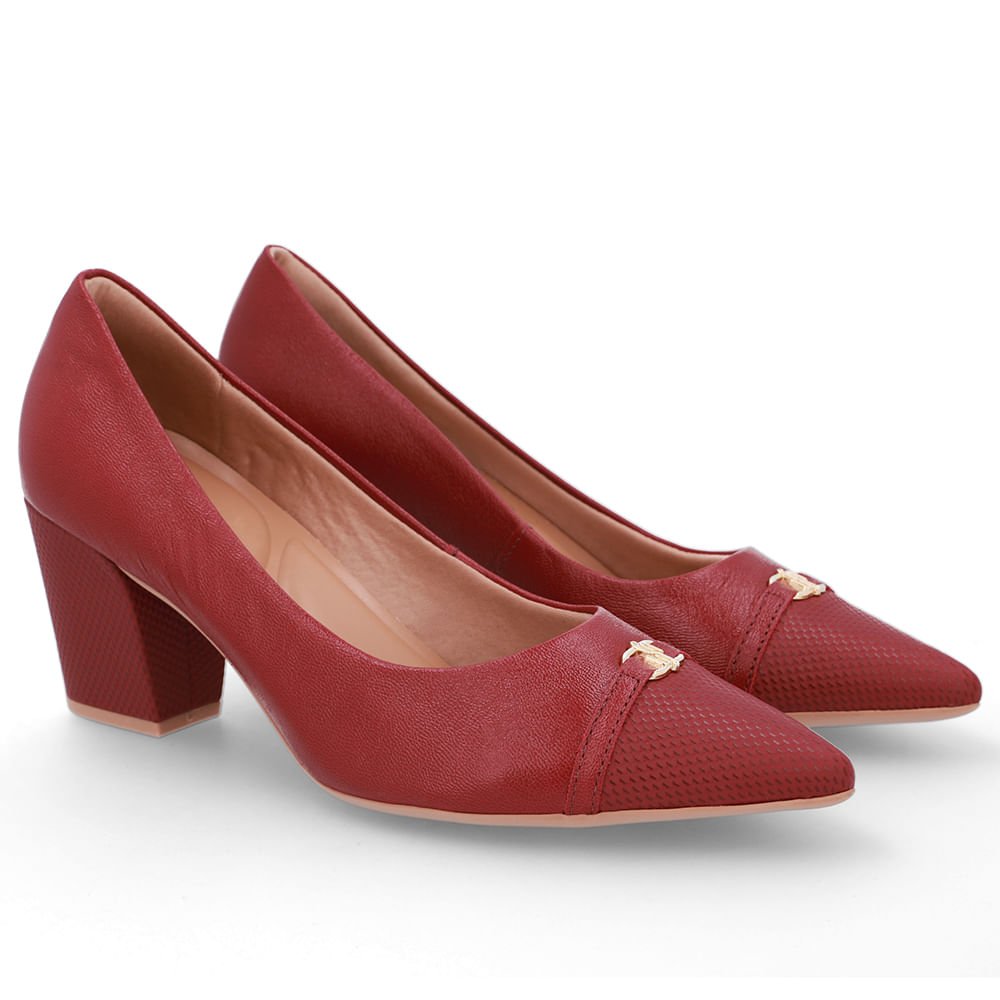 Scarpin Couro Vermelho Bico Fino Enfeite Vermelho 2