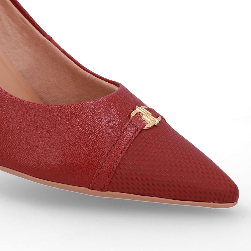 Scarpin Couro Vermelho Bico Fino Enfeite Vermelho 4
