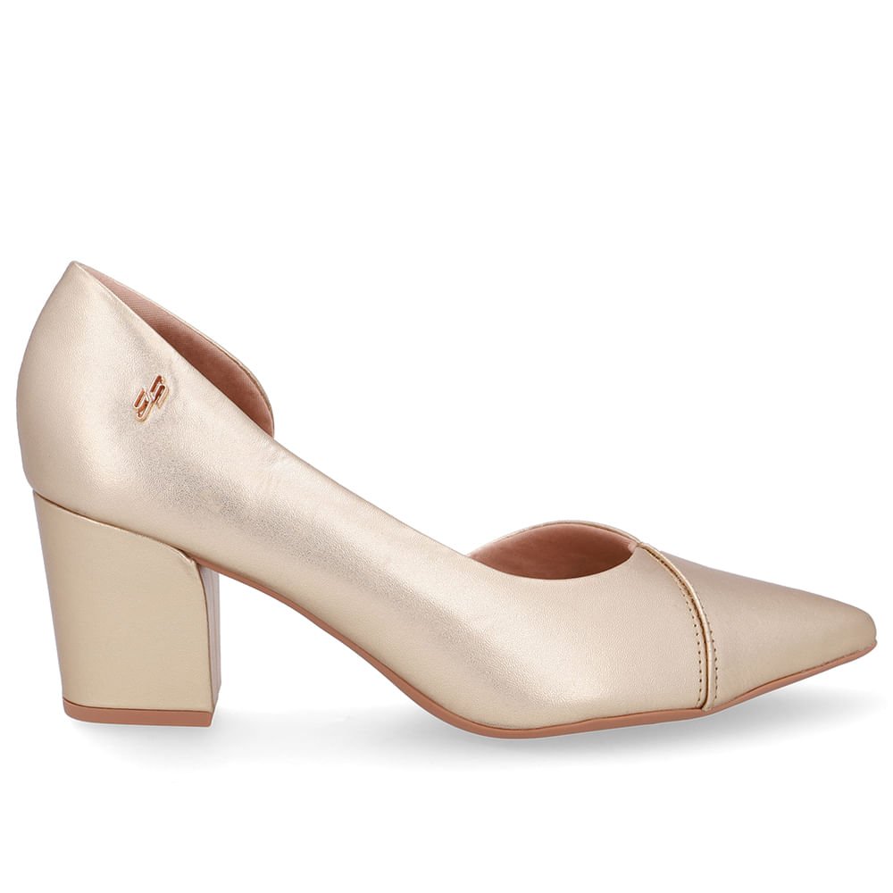 Scarpin Couro Dourado Bico Fino Recorte Lateral