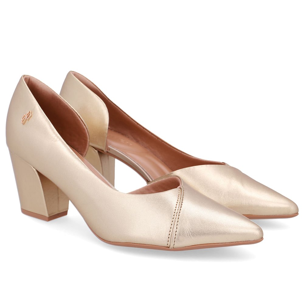 Scarpin Couro Dourado Bico Fino Recorte Lateral Dourado 2