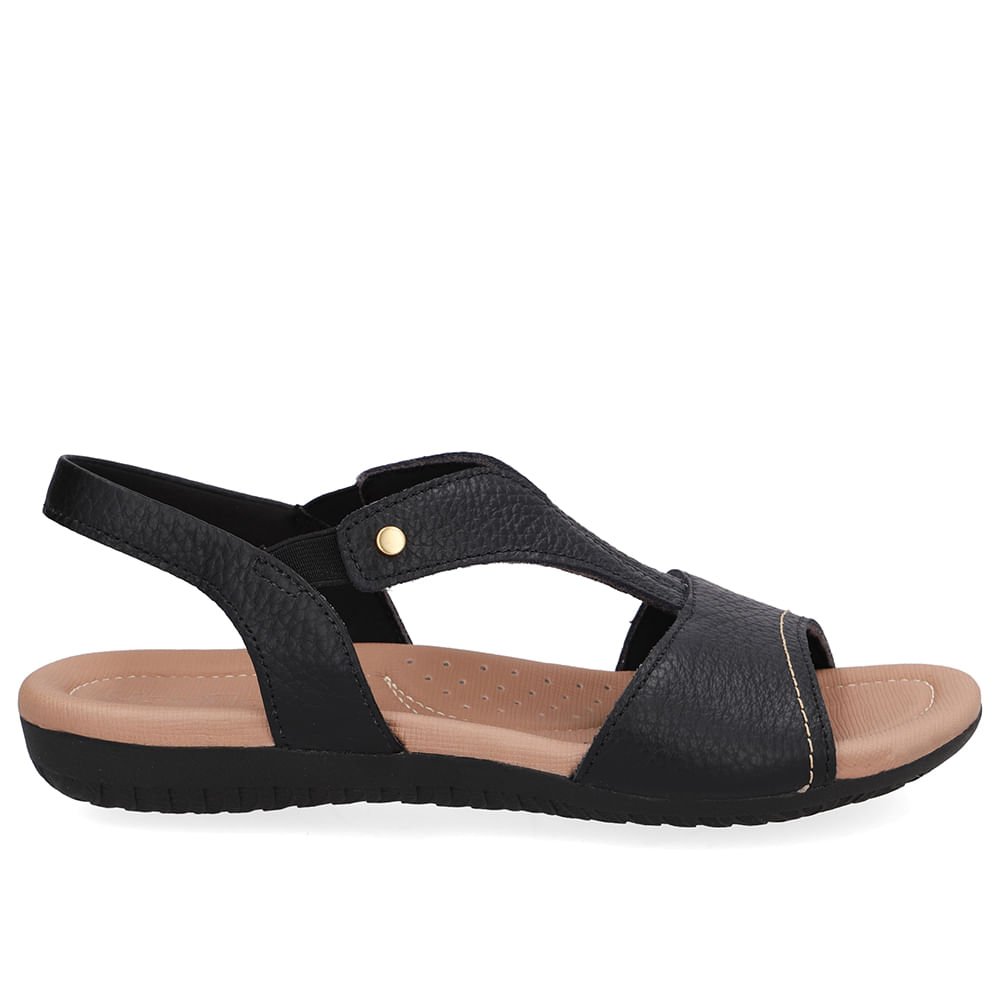 Sandália Rasteira Couro Preta Bico Redondo