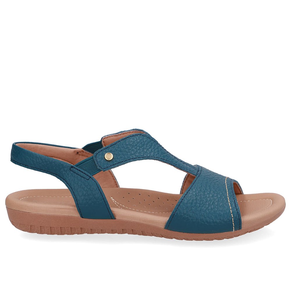 Sandália Rasteira Couro Azul Bico Redondo