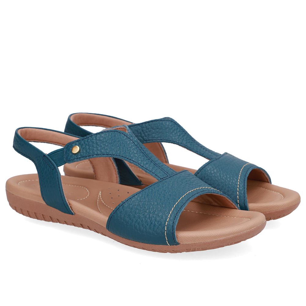 Sandália Rasteira Couro Azul Bico Redondo Azul 2