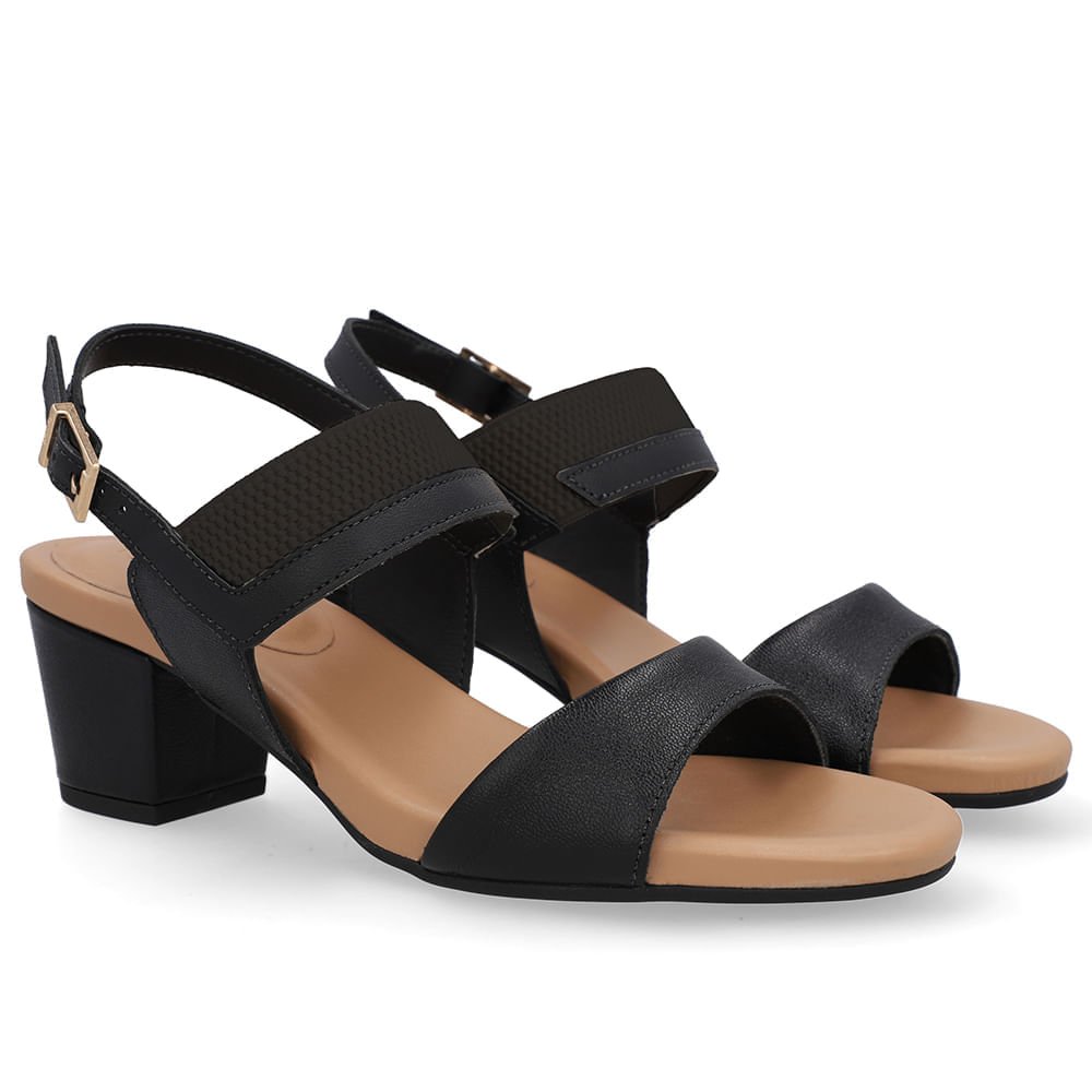 Sandália Salto Bloco Couro Preta Preto 2
