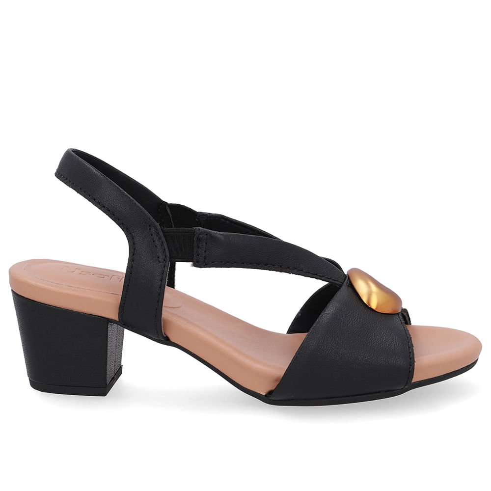 Sandália Bico Redondo Couro Preta Enfeite