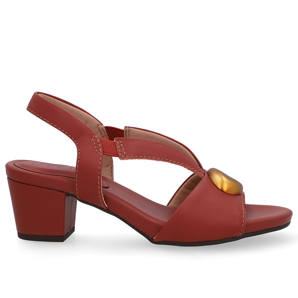 Sandália Bico Redondo Couro Marrom Enfeite