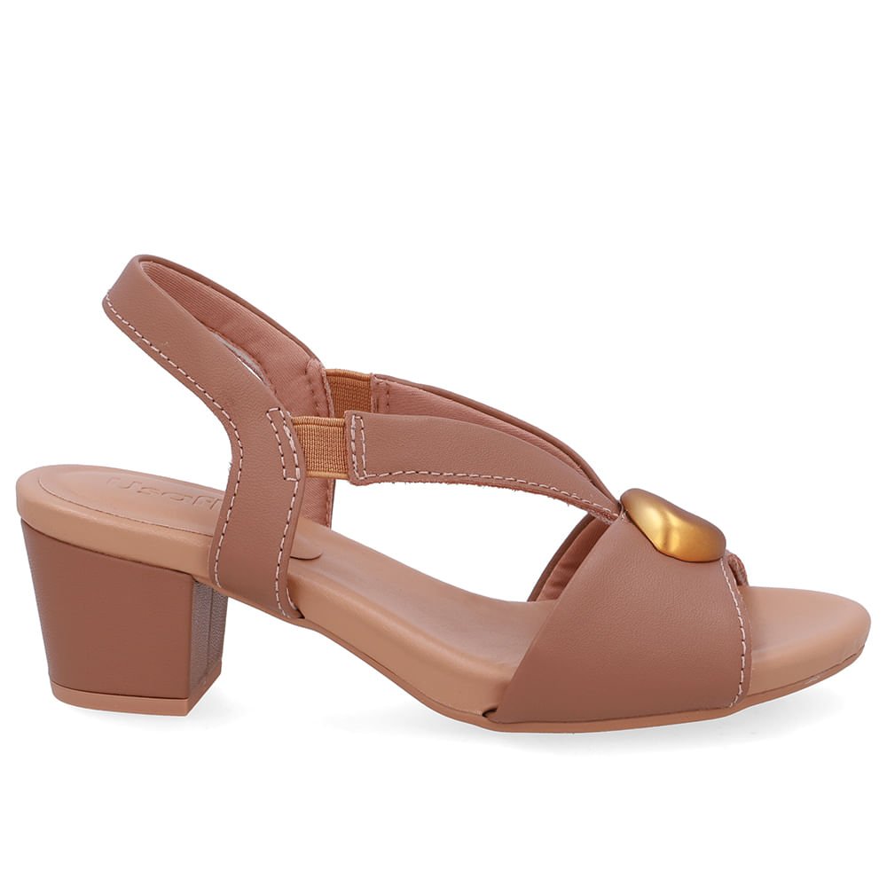 Sandália Bico Redondo Couro Marrom Enfeite