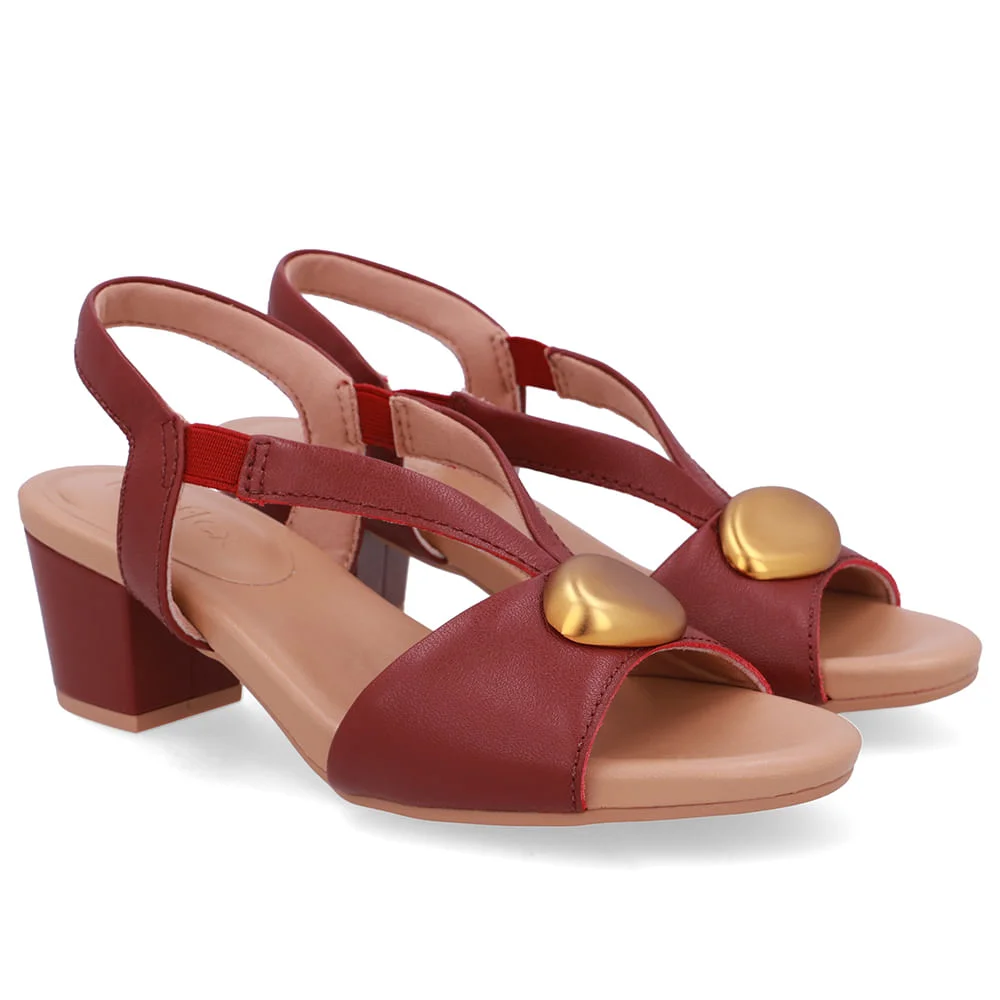 Sandália Bico Redondo Couro Vermelha Enfeite Vermelho 2