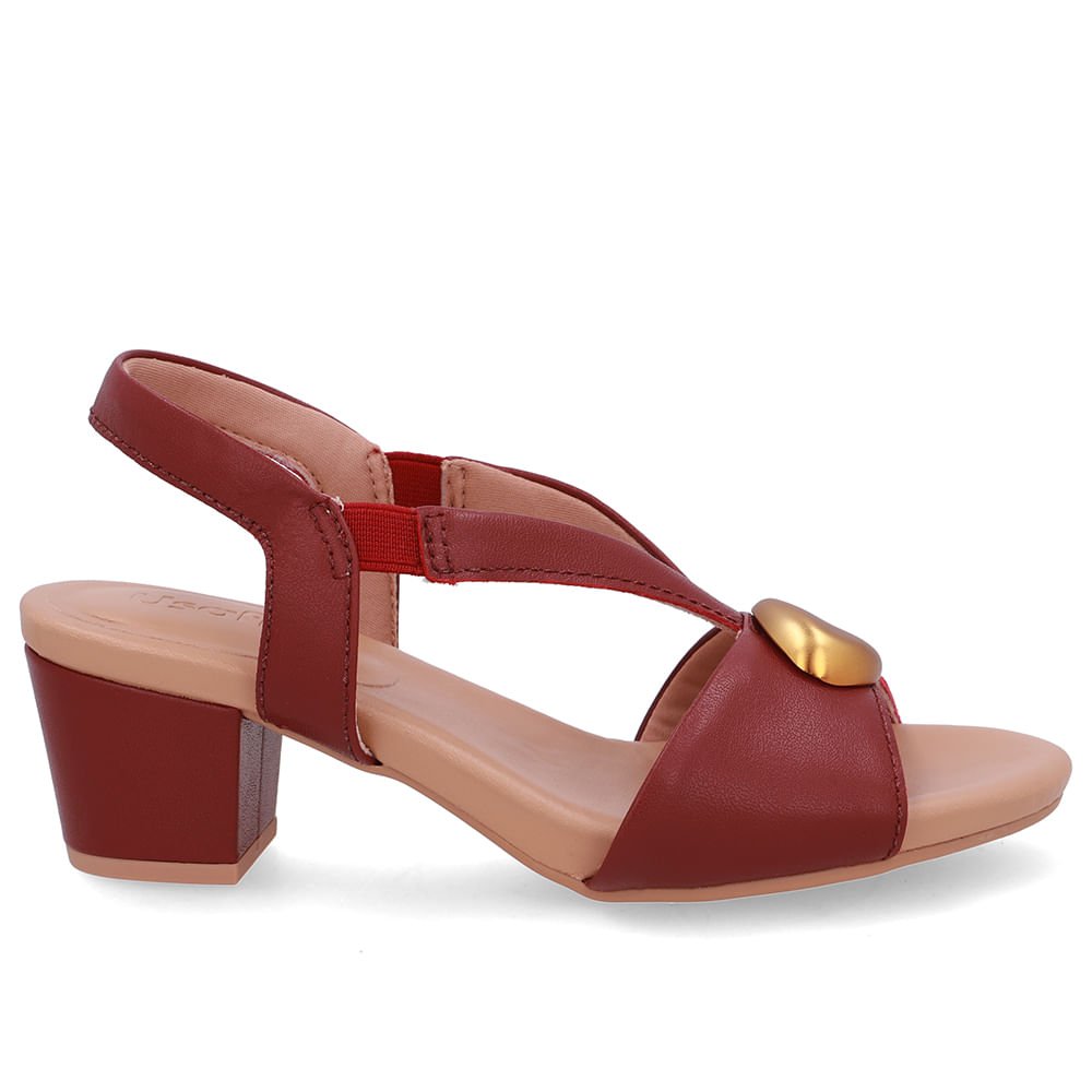 Sandália Bico Redondo Couro Vermelha Enfeite