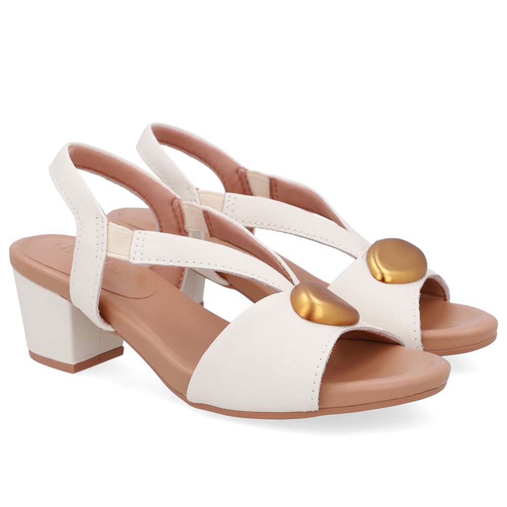 Sandália Bico Redondo Couro Branca Marfim Enfeite Marfim 2