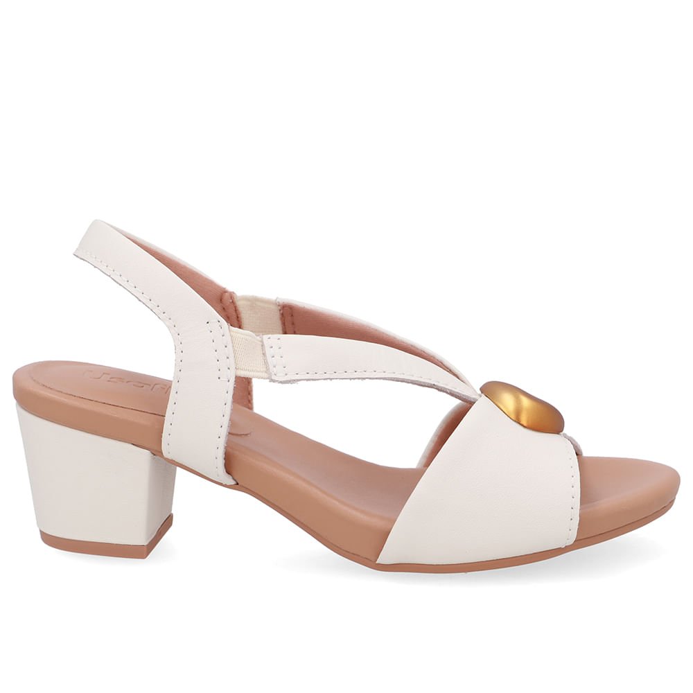 Sandália Bico Redondo Couro Branca Marfim Enfeite