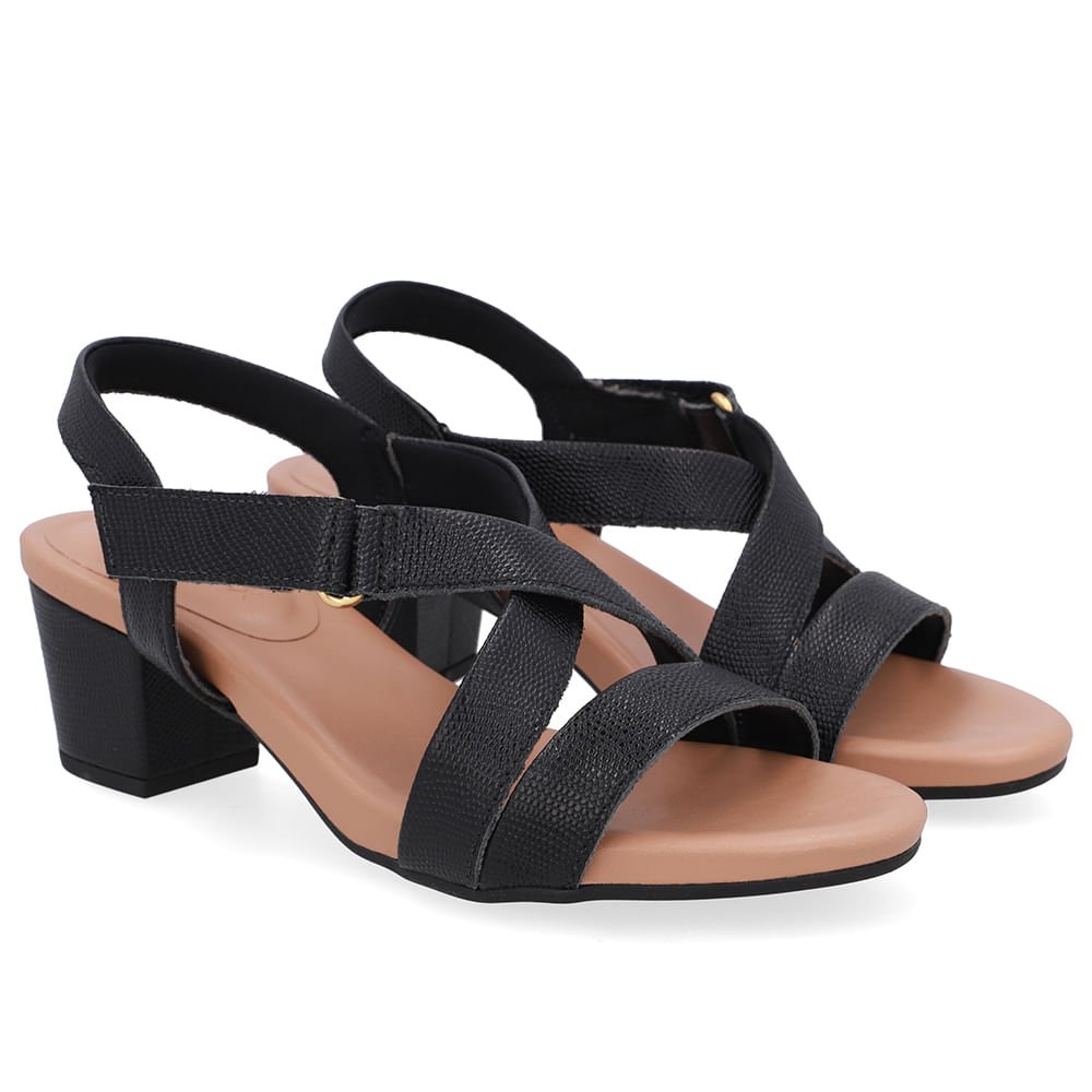 Sandália Tiras Couro Preta Fecho-Flex Preto 2