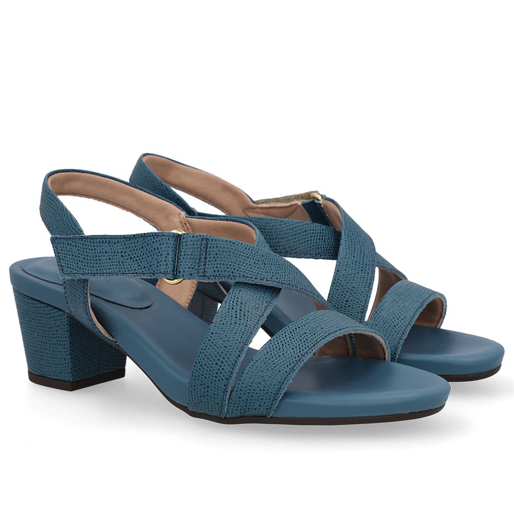 Sandália Tiras Couro Azul Fecho-Flex Azul 2