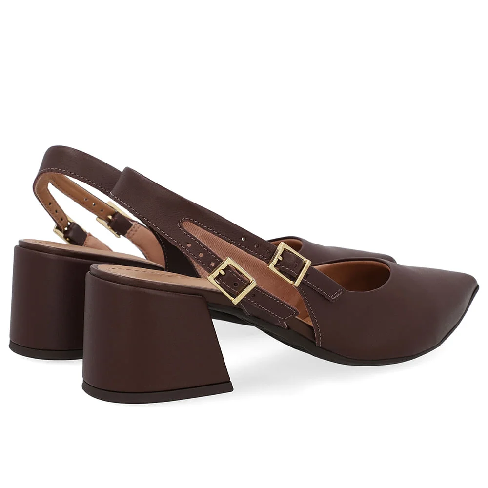 Slingback Marrom Salto Bloco Couro Tira Dupla Lateral Marrom 3