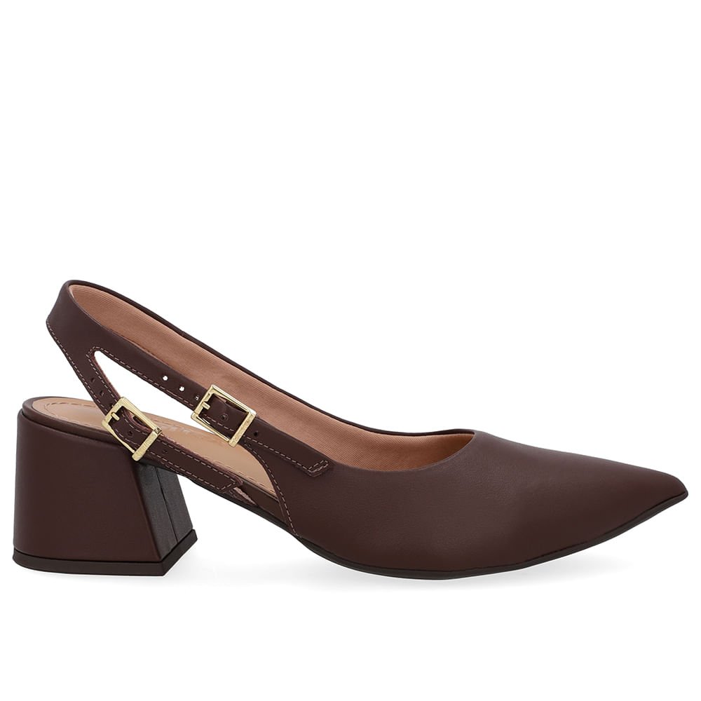 Slingback Marrom Salto Bloco Couro Tira Dupla Lateral
