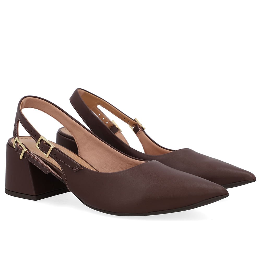 Slingback Marrom Salto Bloco Couro Tira Dupla Lateral Marrom 2