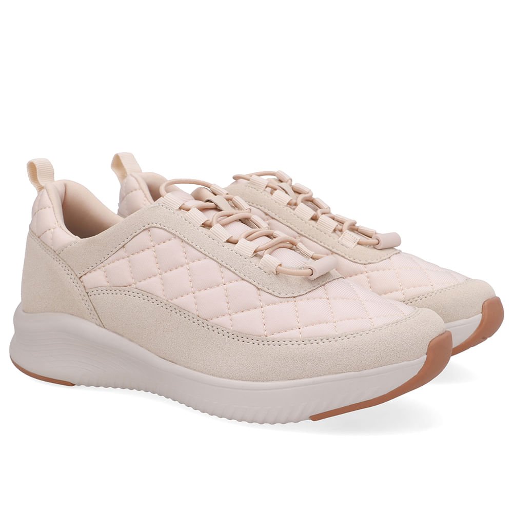 Tênis Bege Tecido Matelassê Cadarço Elástico Bege 2