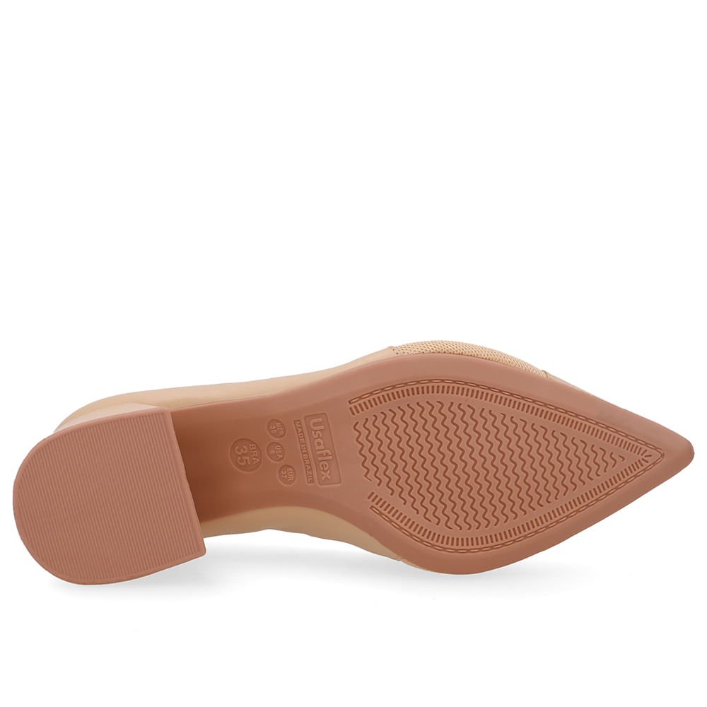 Scarpin Couro Bege Bico Fino Lateral Tecido Bege 5