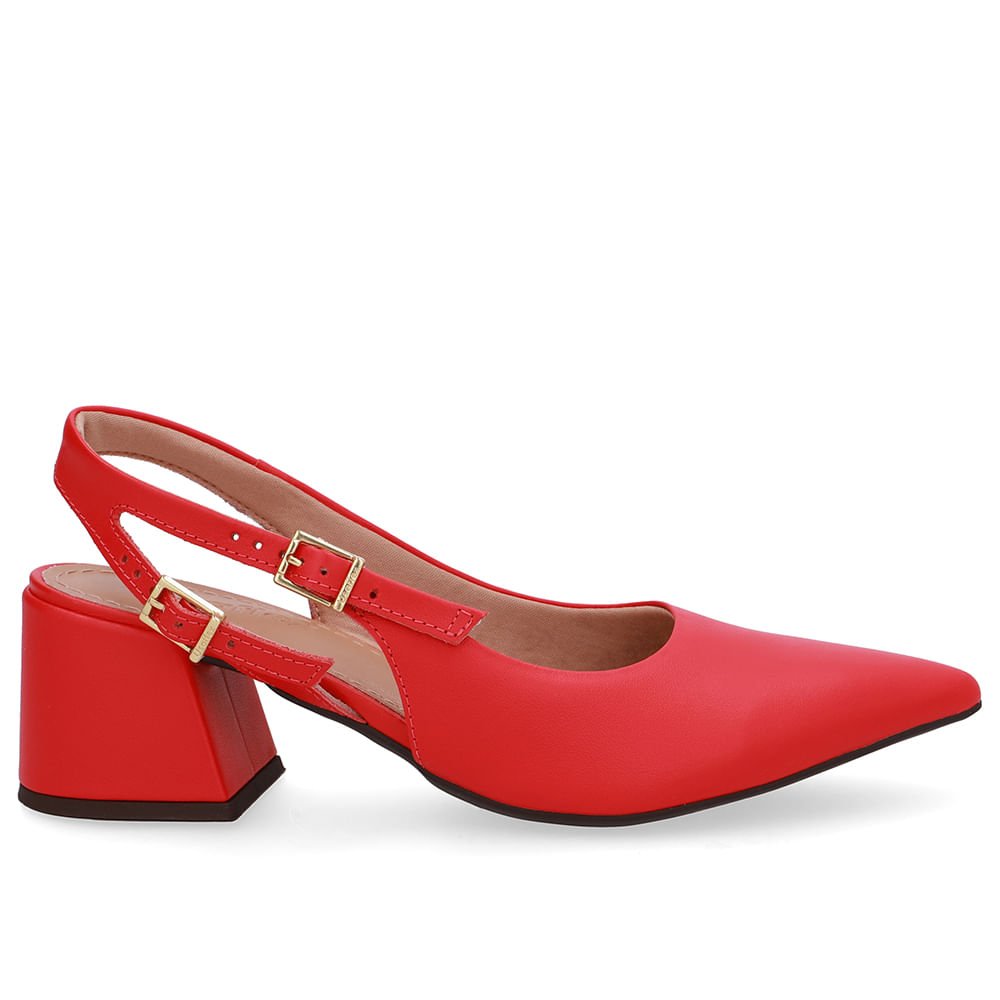 Slingback Vermelho Salto Bloco Couro Tira Dupla Lateral