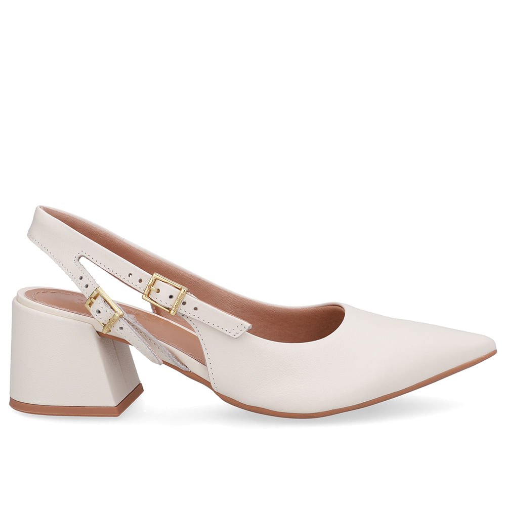 Slingback Branco Marfim Salto Bloco Couro Tira Dupla Lateral