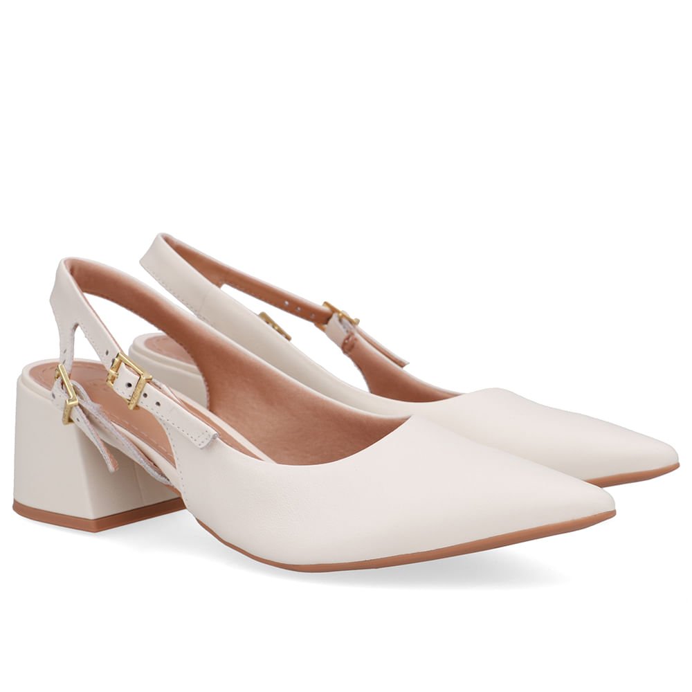 Slingback Branco Marfim Salto Bloco Couro Tira Dupla Lateral Marfim 2