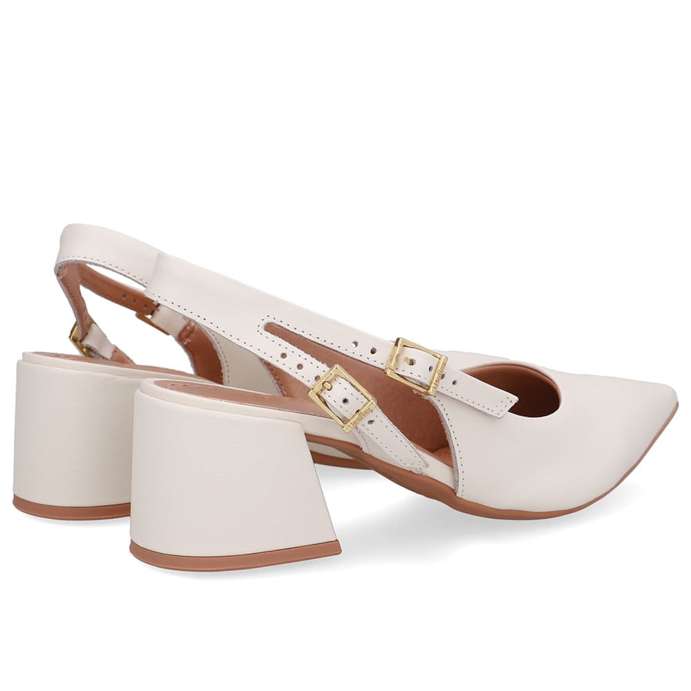 Slingback Branco Marfim Salto Bloco Couro Tira Dupla Lateral Marfim 3