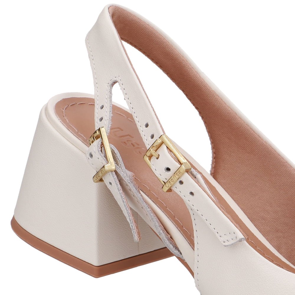 Slingback Branco Marfim Salto Bloco Couro Tira Dupla Lateral Marfim 4