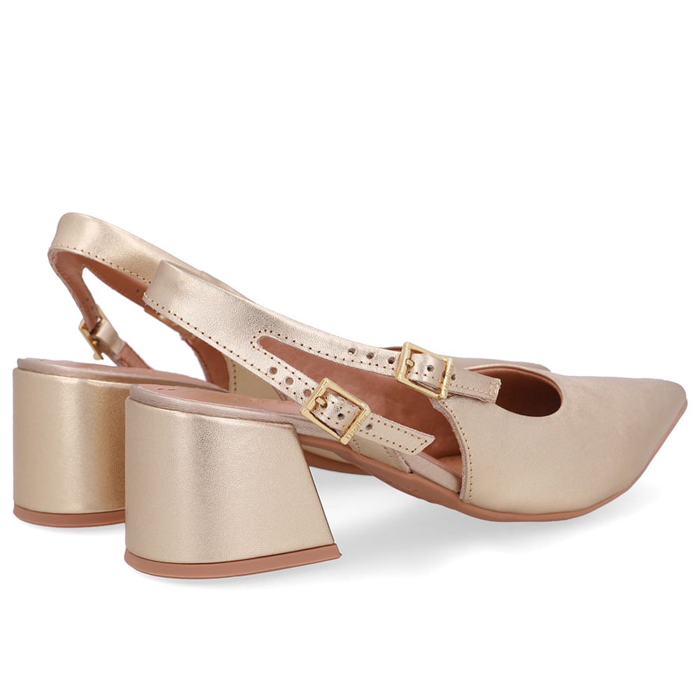 Slingback Dourado Salto Bloco Couro Tira Dupla Lateral Dourado 3
