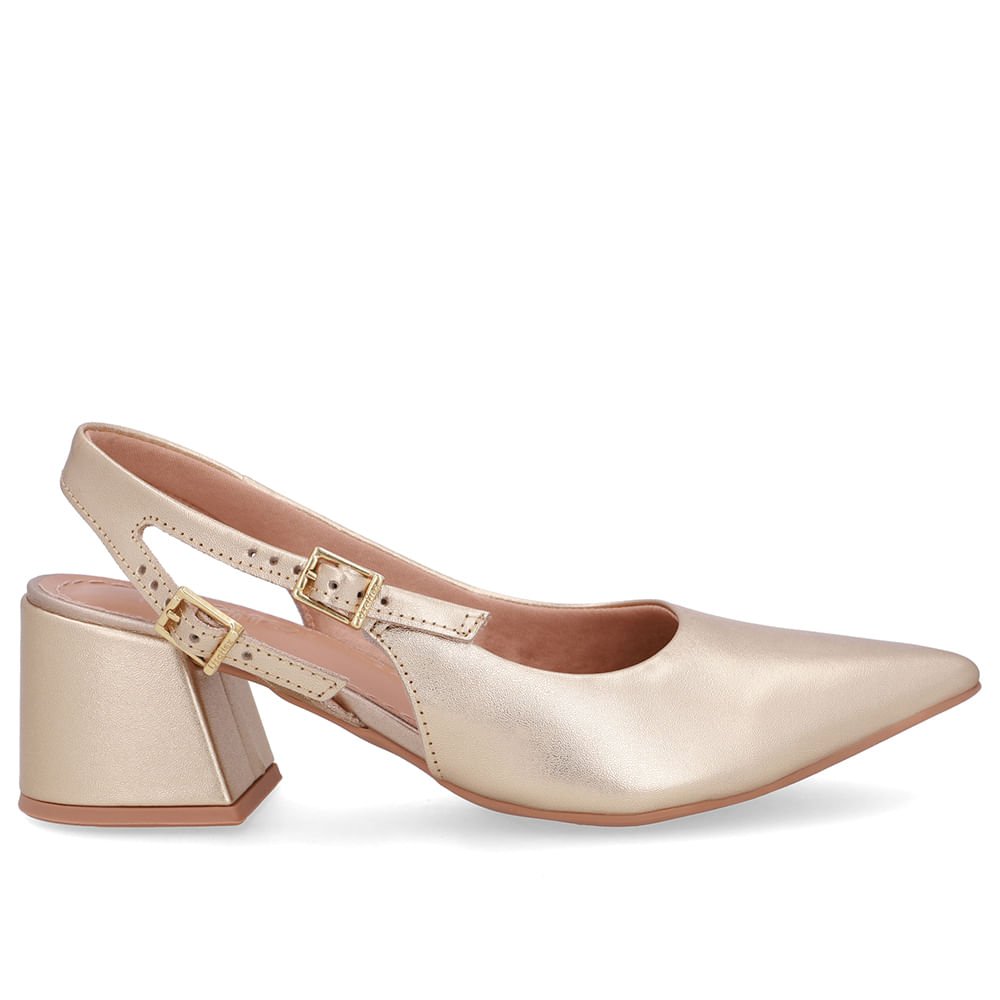 Slingback Dourado Salto Bloco Couro Tira Dupla Lateral