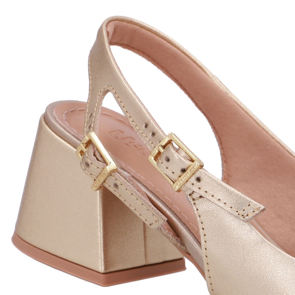 Slingback Dourado Salto Bloco Couro Tira Dupla Lateral Dourado 4