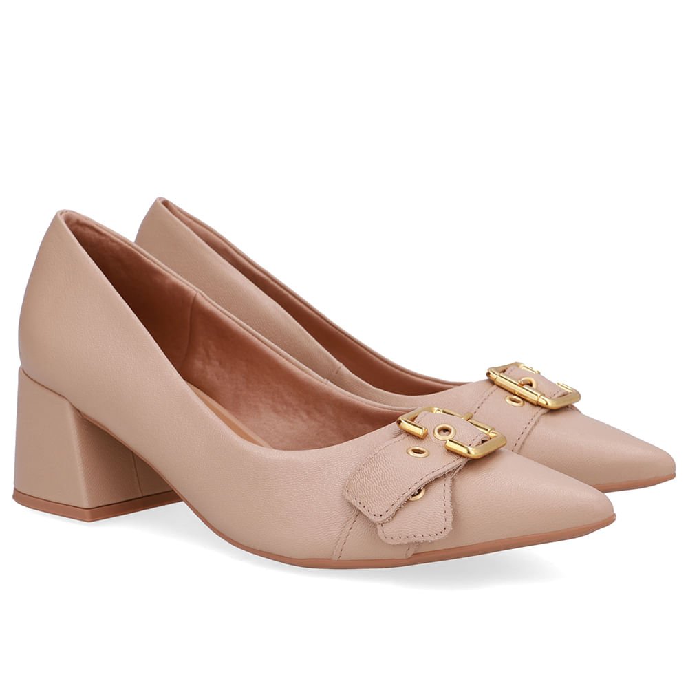 Scarpin Bege Salto Bico Fino Fivela Bege 2