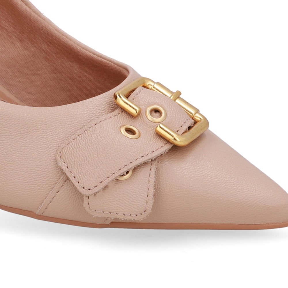 Scarpin Bege Salto Bico Fino Fivela Bege 4