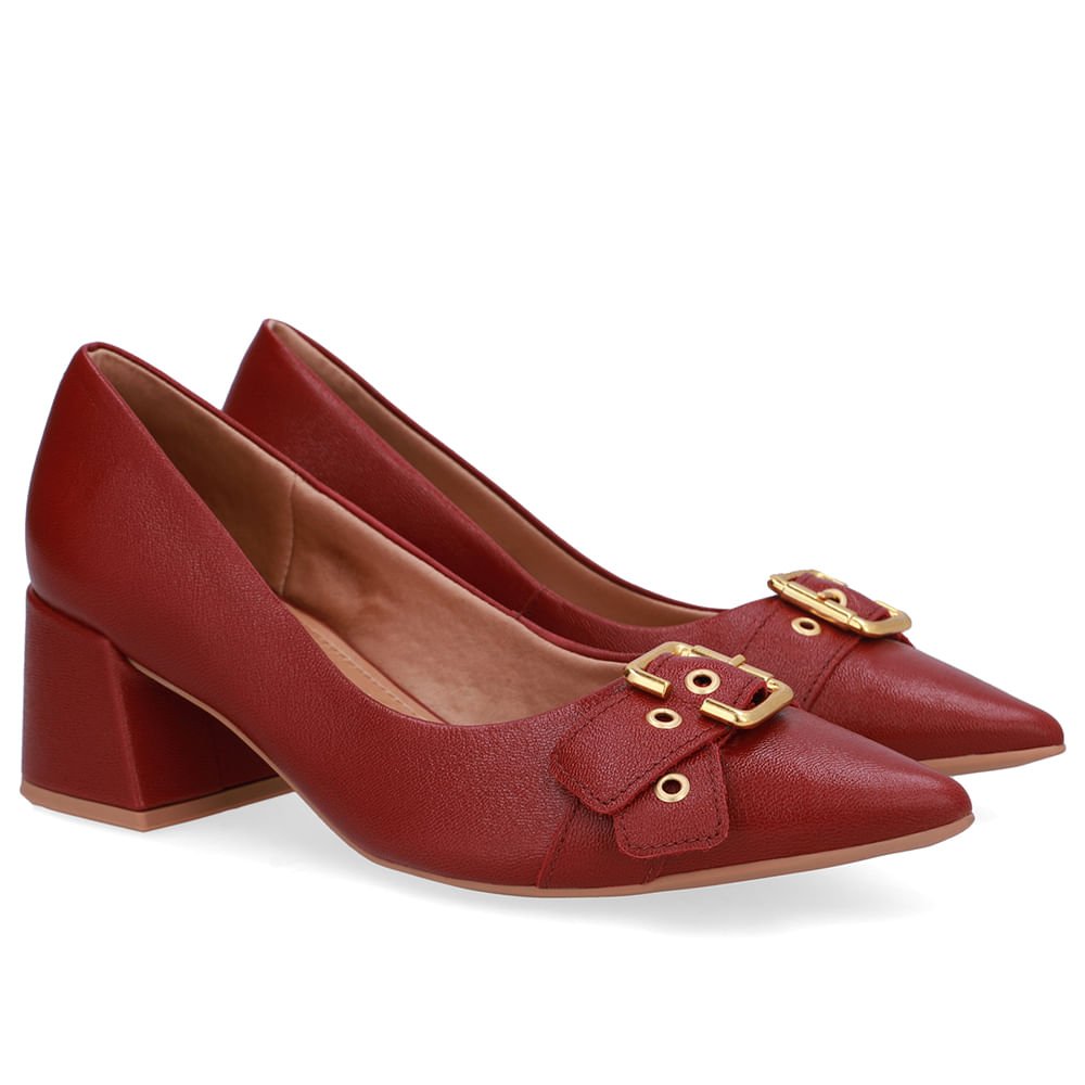 Scarpin Vermelho Salto Bico Fino Fivela Vermelho 2