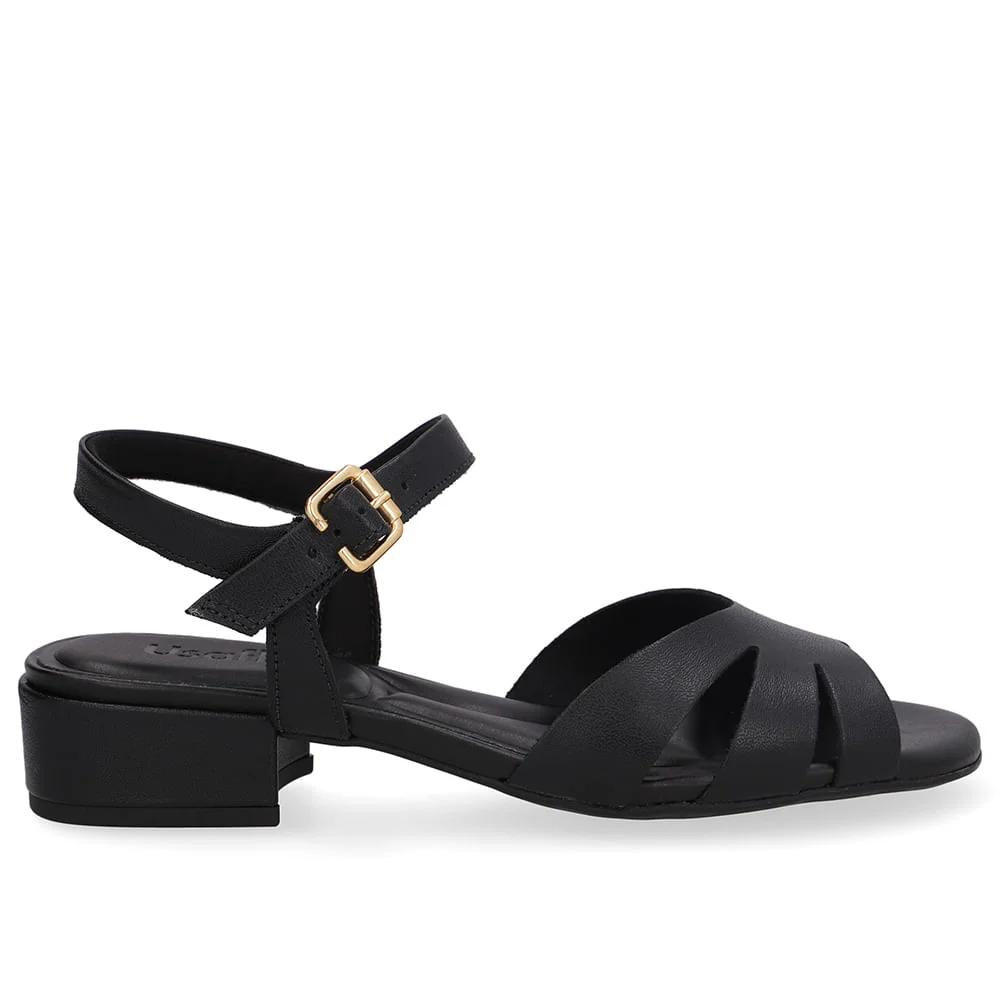 Sandália Couro Preta Bico Quadrado