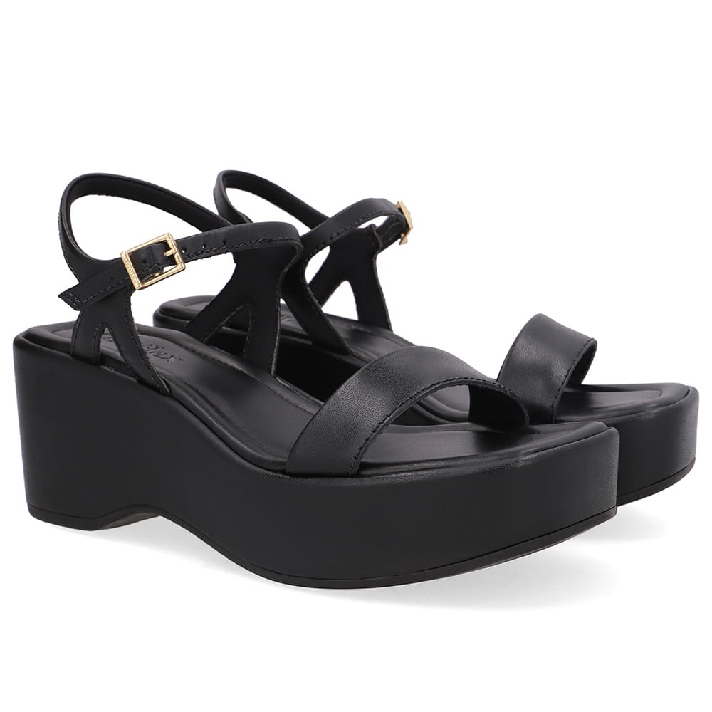 Sandália Plataforma Couro Preta Básica Preto 2