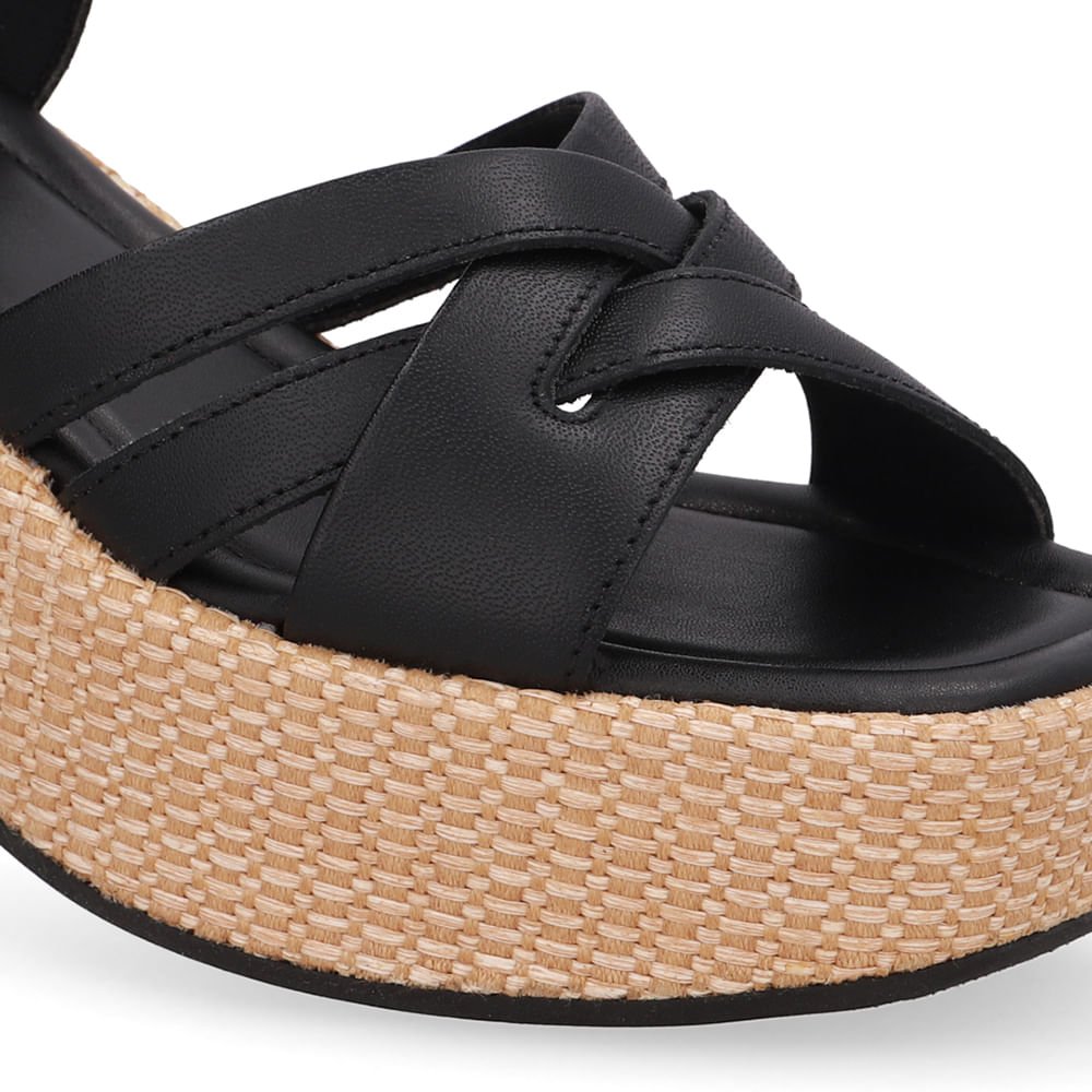 Sandália Plataforma Palha Couro Preta Preto 4