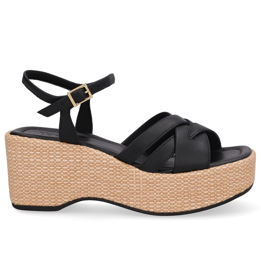 Sandália Plataforma Palha Couro Preta
